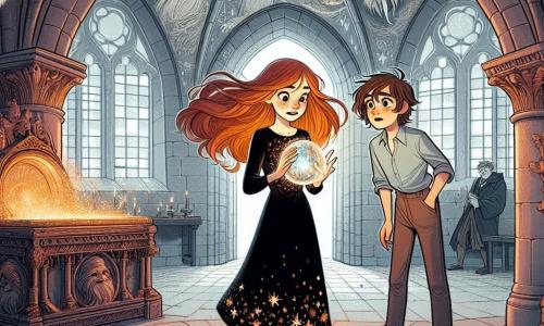 Lucie, une apprentie sorcière de 12 ans, se tient au centre d'une salle circulaire magique, les yeux écarquillés d'émerveillement. Elle a de longs cheveux cuivrés et porte une robe noire ornée de motifs étoilés. Dans ses mains, elle tient une sphère de cristal lumineuse. À ses côtés, Julien, un garçon de 12 ans, fils d'un boulanger, l'observe avec fascination, les mains dans les poches et un sourire émerveillé. La salle est décorée de fresques anciennes, avec des murs en pierre grise et un plafond voûté. Une lumière dorée émane de l'autel central où repose la sphère, créant une ambiance magique. Lucie et Julien découvrent le secret de cette salle cachée, entourés d'une aura de magie, prêts à percer les mystères de la sorcellerie ancienne.