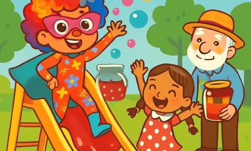Lili Super-Bizarre est une jeune fille aux cheveux bouclés et colorés, vêtue d'un costume brillant à motifs de fleurs. Elle sourit joyeusement, prête à glisser sur une glissade entourée de bulles colorées. À côté d'elle, Nina, une petite fille de 6 ans avec des tresses et une robe à pois, saute de joie, les bras levés. Papy Gaston, un homme âgé avec une barbe blanche et un chapeau de paille, sourit en tenant un pot de confiture de fraise. Le parc est ensoleillé, avec des arbres verts et des fleurs colorées. Lili utilise ses pouvoirs pour faire apparaître des bulles transportant la confiture sur la glissade, tandis que Nina et Papy applaudissent, créant une atmosphère festive.