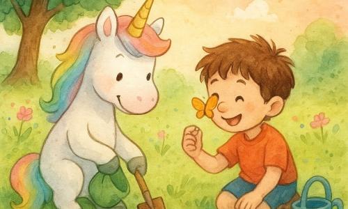 Lila la licorne blanche au pelage doux, crinière arc‑en‑ciel pastel et corne dorée scintillante, et Tom, un garçonnet de 5 ans aux cheveux bruns en bataille, genoux à terre, plantent ensemble une graine tandis qu’un papillon jaune et orange se pose sur le nez de Tom ; ils ramassent des déchets (sac contenant papier et canette) avec une petite pelle en bois et une tasse d’eau, dans un parc herbeux dominé par un grand chêne aux feuilles rondes, fleurs sauvages roses et bleues et ciel rose pâle au coucher du soleil, la scène centrée, lumière chaude, ombres douces et ambiance calme et optimiste.