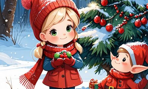 Célia, une petite fille de 7 ans aux cheveux blonds et aux yeux curieux, se tient dans une clairière enneigée, souriante. Elle porte une écharpe rouge et des gants en laine, décorant un grand arbre de Noël avec des baies colorées. À ses côtés, Pépito, un elfe joyeux aux oreilles triangulaires, saute de bonheur, entouré d'un lapin, d'un renard et d'un hibou, tous admirant Célia. Dans cette forêt enchantée, des arbres majestueux sont couverts de neige scintillante et des étoiles de Noël illuminent la scène d'une lumière magique. Célia et ses amis décorent le sapin, créant une ambiance festive remplie de rires et de partage, tandis que des flocons de neige dansent autour d'eux.