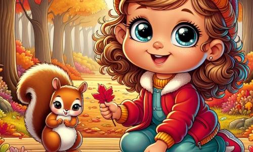 Une petite fille de 4 ans, Lila, avec de grands yeux brillants et des cheveux bouclés, sourit en tenant des feuilles d'automne colorées. Elle porte une veste rouge et un bonnet jaune. À côté d'elle, un écureuil espiègle grignote une noisette sur une branche, observant Lila. Le décor est une forêt enchantée en automne, avec des arbres aux couleurs éclatantes et un sol tapissé de feuilles. Lila dessine sur une grande feuille de papier, ajoutant des petits animaux à son œuvre, heureuse de capturer la beauté de l'automne.
