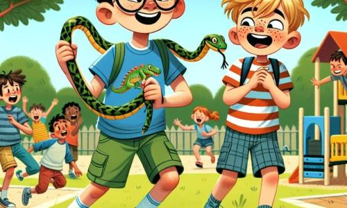 Maxime, un garçon de 10 ans aux cheveux bruns en bataille et lunettes rondes, sourit en tenant un faux serpent en plastique. Il porte un t-shirt bleu avec un dinosaure et un short vert. À ses côtés, Lucas, également âgé de 10 ans, cheveux blonds et taches de rousseur, rit aux éclats, mains sur les hanches, vêtu d'un t-shirt rayé et d'un pantalon court. Ils sont dans la cour de l'école, entourés de camarades courant dans tous les sens, certains riant, d'autres feignant la peur. La cour est animée avec des jeux colorés, des bancs en bois et de grands arbres offrant de l'ombre. Maxime fait sa blague avec le faux serpent, provoquant rires et cris amusés, illustrant l'esprit de camaraderie.