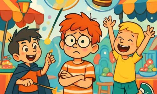 Il y a trois personnages : Oscar, un garçon de 9 ans avec des cheveux roux en bataille et des lunettes rondes, se tient au centre, l'air perplexe. Romain, 10 ans, avec des cheveux bruns en désordre, porte une cape de magicien et sourit en pointant une baguette à bulles colorées à gauche d'Oscar. Léo, 9 ans, avec des cheveux blonds courts et un short à motifs, saute à droite d'Oscar, essayant d'attraper un gâteau flottant dans une bulle. L'action se déroule dans un marché coloré avec des stands vifs, des lampadaires chantants et des ballons multicolores. Les trois amis essaient d'attraper des gâteaux flottants dans des bulles, tandis qu'Oscar semble désespéré, Romain rit et Léo est enthousiaste.
