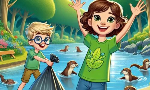 Clara, une fille de 12 ans aux cheveux châtains bouclés et aux yeux curieux, se tient au bord d'une rivière scintillante. Elle porte un t-shirt vert vif avec un motif de feuille et un short en denim, souriante avec les bras levés. À ses côtés, Lucas, un garçon de 12 ans aux cheveux blonds et lunettes rondes, tient un sac poubelle rempli de déchets, déterminé dans sa tâche. Le décor est une forêt verdoyante avec des arbres majestueux, des fleurs colorées et un ciel bleu, où la lumière du soleil filtre à travers les feuilles. La rivière claire serpente entre les rochers, et des loutres jouent dans l'eau. Clara et Lucas ramassent des déchets pour nettoyer la rivière, illustrant l'importance de la protection de l'environnement.