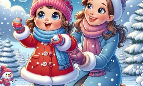 Une petite fille de 1 an, avec de grands yeux brillants et des joues roses, porte un manteau rouge vif, un bonnet en laine et des gants colorés. Elle sourit en levant les bras pour attraper des flocons de neige. À côté d'elle, sa maman, une femme d'une trentaine d'années avec les cheveux bruns en chignon et un manteau bleu, la regarde avec tendresse tout en tenant une tasse de chocolat chaud. Le décor est un parc hivernal avec des arbres couverts de neige, un ciel bleu clair et un sol tapissé de neige. La petite fille joue dans la neige, faisant une boule pour créer un bonhomme de neige, tandis que des flocons dansent autour d'elle.