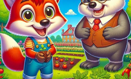 Un jeune renard aux poils roux éclatants, avec de grands yeux brillants et un sourire joyeux, se tient au centre d'un jardin communautaire luxuriant, en train de planter des graines avec une expression d'excitation. À côté de lui, un vieux blaireau au pelage gris, Monsieur Chêne, sourit chaleureusement en l'observant. En arrière-plan, le jardin est rempli de légumes colorés sous un ciel bleu avec des nuages blancs. La scène dégage une atmosphère joyeuse, illustrant la magie de l'entraide pendant les vacances d'été.