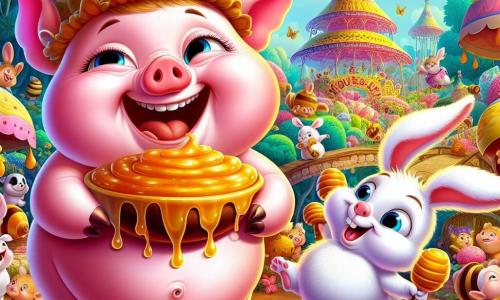 Un petit cochon nommé Gogo, avec une peau rose éclatante et un ventre rond, est au centre de l'image, riant tout en tenant un pot de miel. À sa droite, Loulou le lapin, avec un pelage blanc et un chapeau en forme de carotte, jongle maladroitement avec des pots de miel. En arrière-plan, la forêt enchantée de Boubouland est colorée et festive. La scène montre Gogo et ses amis célébrant leur victoire au concours de blagues, entourés de rires et de délices sucrés, avec des animaux dansant sous un ciel bleu.