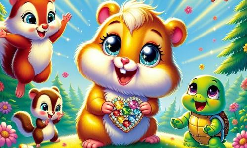 Au centre de l'image, un hamster doré nommé Hugo, avec de grands yeux et un sourire, tient un bijou en forme de cœur fait de fleurs et de cailloux. Il est entouré de ses amis : Émile, un écureuil roux qui saute de joie, et Thérèse, une tortue à carapace verte qui applaudit. La scène se déroule dans une clairière ensoleillée de la forêt, avec des fleurs multicolores et un ciel bleu parsemé de nuages. Ils célèbrent la fête des mères, tandis que Madame Hamster, une maman douce avec un pelage brun, les regarde avec amour.