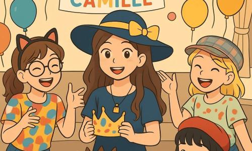 Quatre enfants célèbrent l'anniversaire de Camille, une fille de 12 ans souriante, au centre, portant un chapeau bleu nuit et tenant une couronne peinte. Zoé, à gauche, fait un geste amusant, tandis qu'Inès, à droite, fait une révérence exagérée. Maïssa, légèrement en arrière, tient un pot de peinture. Le salon chaleureux est décoré de ballons multicolores et d'une banderole « BON ANNIVERSAIRE CAMILLE », avec une table basse remplie de pots de peinture et d'un gâteau décoré. Ils rient et peignent leurs couronnes ensemble dans une ambiance joyeuse.
