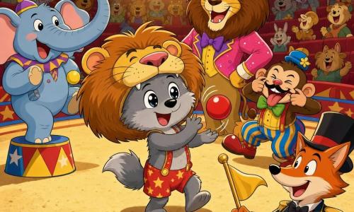 Petit loup anthropomorphe au pelage gris et aux grands yeux ronds, expression joyeuse, coiffé d'un chapeau de lion trop grand et jonglant maladroitement avec une balle rouge; derrière lui un lion costumé souriant, chapeau rose de travers, le regarde avec fierté; à gauche, un éléphant bleu clair à la trompe levée jongle calmement avec des balles colorées; à droite, un petit singe clown moustachu grimace et rit bruyamment; un renard en redingote, directeur du cirque, agite un grand drapeau doré près du bord de la piste; la piste sableuse circulaire, entourée de gradins rouges et jaunes, est illuminée par des projecteurs chauds formant un halo, des fanions colorés flottent au-dessus, le petit loup est au centre sous un grand faisceau tandis que les animaux applaudissent, ambiance festive, couleurs vives, formes simples et contours nets.