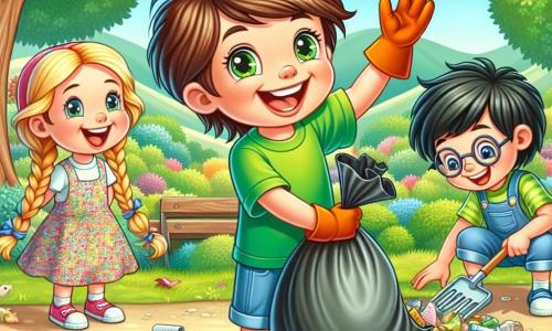 Un garçon de 6 ans, Tom, avec des cheveux bruns en bataille et des yeux pétillants, porte un t-shirt vert vif et un short bleu. Il sourit en tenant un grand sac poubelle rempli de déchets colorés, prêt à nettoyer le parc. À ses côtés, Clara, une fille de 6 ans aux longs cheveux blonds tressés et en robe à fleurs, l’encourage avec un gant de jardinage. Lucas, un garçon aux cheveux noirs et lunettes rondes, est accroupi en ramassant un papier avec concentration. Le parc est verdoyant avec de grands arbres, des fleurs colorées et un ciel bleu clair. Tom et ses amis rient et s’amusent en ramassant des déchets pour rendre le parc propre et accueillant.