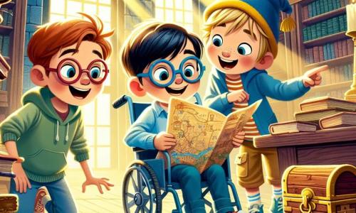 Léo, un garçon de 8 ans, est assis dans son fauteuil roulant bleu, souriant et tenant une vieille carte. À ses côtés, Tom, également âgé de 8 ans et portant des lunettes rouges, observe la carte avec curiosité. Max, le troisième garçon de 8 ans avec un chapeau jaune, se penche pour montrer un livre brillant dans la bibliothèque. La scène se déroule dans une bibliothèque ancienne avec des étagères en bois remplies de livres poussiéreux et des rayons de lumière filtrant à travers de grandes fenêtres. Au fond, une porte légèrement ouverte laisse entrevoir un monde d'aventures. Les trois amis découvrent un coffre secret sous un bureau, entouré de lettres anciennes parlant d'un trésor d'amitié, affichant des expressions d'excitation et de surprise.