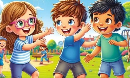 Dans un parc ensoleillé, trois amis jouent ensemble. Emma, 7 ans, avec de longs cheveux bruns et des lunettes roses, sourit en lançant un ballon. Léo, 7 ans, avec des cheveux blonds et un t-shirt bleu, applaudit. Samir, 6 ans, aux cheveux noirs et à la peau mate, attrape le ballon en souriant. Le parc est rempli de fleurs colorées, d'arbres verts et d'un ciel bleu. Les amis s'amusent à jouer au ballon, riant et courant ensemble, illustrant leur amitié.