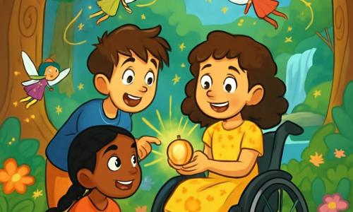 Il y a trois personnages : Élise, une fille de 10 ans aux cheveux châtains bouclés, souriante dans son fauteuil roulant, tenant un médaillon brillant ; Lucas, un garçon de 10 ans aux cheveux bruns en bataille, debout à côté d'Élise, émerveillé et pointant le médaillon ; et Naïma, une fille de 10 ans avec des cheveux noirs tressés, accroupie devant eux, fascinée par le médaillon. L'action se déroule dans une forêt enchantée avec de grands arbres, des fleurs multicolores et des fées scintillantes. Les amis découvrent le médaillon magique, illuminé, tandis qu'un vent léger fait danser les feuilles, prêts pour une aventure fantastique.