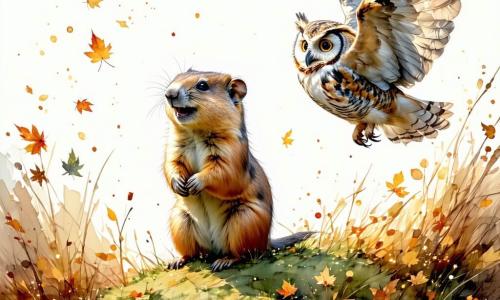 Une petite marmotte nommée Mabelle, au pelage brun doux et aux yeux pétillants, se tient au sommet d'une colline couverte de feuilles d'or, prête à découvrir la magie qui l'entoure. À ses côtés, un hibou nommé Henri vole gracieusement, tandis qu'une petite souris nommée Léa se faufile entre les fleurs et qu'un lièvre nommé Gaston bondit autour d'eux. Le lieu est une colline enchantée, baignée de lumière dorée, entourée de fleurs colorées et d'un léger brouillard mystérieux. Mabelle et ses amis sont unis, prêts à affronter une ombre malfaisante, illuminés par la lumière de leur amitié.