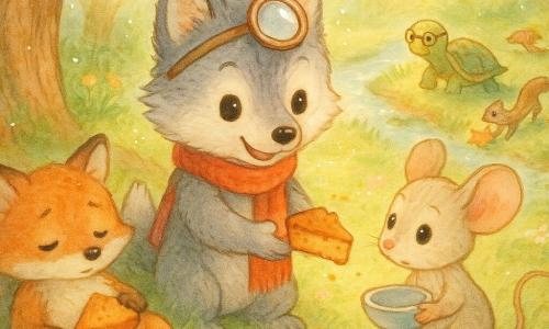 Petit loup détective gris au pelage doux et écharpe rouge tend délicatement un morceau de gâteau, petite loupe en papier sur le front, tandis qu’à sa droite une petite souris beige aux grandes oreilles tient un bol vide; à gauche, un petit renard roux à moitié endormi a un coin de gâteau sur le ventre, et en arrière-plan une tortue aux lunettes et une belette jouent et observent la scène; le tout se déroule dans une clairière sous un grand chêne aux racines apparentes, tapis d’herbe, fleurs et champignons, ruisseau scintillant, ambiance chaleureuse de partage et de lumière douce.