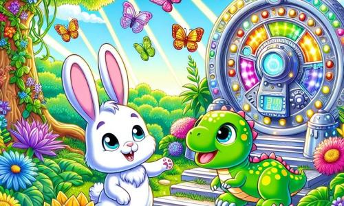 Un petit lapin nommé Léo, au pelage doux et blanc, se tient devant une machine à voyager dans le temps, le visage émerveillé et les pattes levées. À ses côtés, un bébé dinosaure vert aux taches jaunes s'approche joyeusement en agitant sa petite patte. Ils se trouvent dans un jardin magique, rempli de fleurs colorées, de papillons et d'arbres majestueux, avec la machine en métal scintillant au centre, prête pour une aventure excitante.