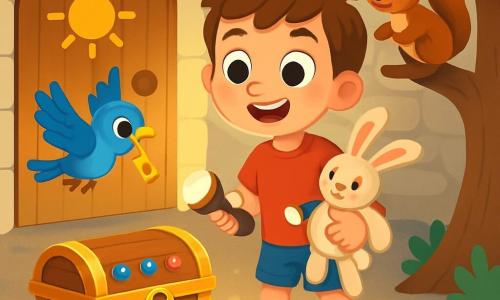 Léo, un garçon de 6 ans aux grands yeux curieux et au sourire éclatant, se tient devant une porte en bois décorée de dessins de soleil et de lune. Il porte un t-shirt rouge et un short bleu, tenant une lampe de poche et un doudou lapin, affichant une expression d'excitation. À côté de lui, un oiseau bleu aux plumes brillantes vole joyeusement avec une clé dorée dans le bec. Plus loin, un écureuil aux poils bruns grimpe sur un arbre, observant Léo. La scène se déroule dans une pièce ronde, éclairée par une lumière douce, avec des murs en pierre et un sol en petites pierres scintillantes. Au centre, un coffre en bois décoré de pierres précieuses brille. Léo, émerveillé, s'apprête à ouvrir le coffre au trésor, entouré de l'oiseau et de l'écureuil, dans une atmosphère magique pleine de promesses d'aventure.