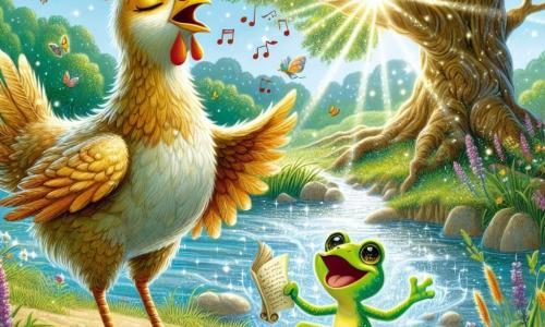 Plumette, une poule aux plumes dorées, se tient fièrement au bord d'une rivière, son regard curieux trahit son envie d'aventure. Elle chante joyeusement, prête à s'envoler. À ses côtés, Gigi, une petite grenouille verte, saute avec un rouleau de parchemin, inquiète mais excitée. En arrière-plan, un chêne majestueux offre de l'ombre, tandis que des fleurs et des herbes dansent au vent. La lumière du soleil crée un jeu d'ombres. La scène montre Plumette chantant pour distraire un dragon, tandis que Gigi se prépare à entrer dans une grotte pour trouver une formule magique, illustrant l'esprit d'aventure et d'amitié.