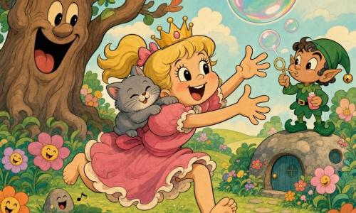Princesse d'environ 5 ans, joyeuse, visage rond, cheveux blonds en couettes, robe rose à volants, pieds nus, tend la main vers une grosse bulle irisée; petit lutin non humain en costume vert, yeux malicieux, souffle des bulles avec une pipe à savon en se tenant sur une pierre à droite; chaton gris doux, petit, ronronne blotti sur son épaule gauche, moustaches courtes et yeux en amande; grand arbre rigolard à gauche, tronc large avec visage, branches ondulantes et feuilles colorées; jardin lumineux et pastel avec herbe en vagues, fleurs multicolores, petits cailloux chantants et une grosse pierre à petite porte ronde; scène centrée — la princesse court en riant après la bulle géante, le lutin souffle d'autres bulles, le chaton se blottit et l'arbre rit; couleurs douces, contours épais noirs, style cartoon vintage.