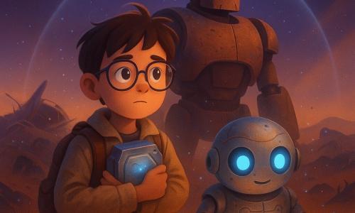 Nino, garçon de 10 ans aux cheveux bruns courts et lunettes un peu grandes, veste poussiéreuse beige et sac à dos usé, serre contre sa poitrine un module métallique brillant; à sa droite SOR-7, petit robot-scribe rond et amical aux grands yeux bleus, tient un grimoire scintillant, et derrière eux RUP-12, imposant robot de récupération couleur rouille et acier, veille comme un gardien. Ils se tiennent dans un cimetière d'épaves au milieu d'un désert cosmique — coques de vaisseaux émergent des dunes de sable noir, fils étincelants, verres brisés et petites plantes argentées entre les carcasses — tandis qu'une tempête de sable cosmique approche, des étincelles bleues flottent et un dôme translucide commence à se former autour du trio. Palette: ocres et noirs du sable, éclats métalliques argentés et cuivrés, néons bleus et violets; style enfantin détaillé, formes douces, expressions lisibles, atmosphère aventureuse et réconfortante.