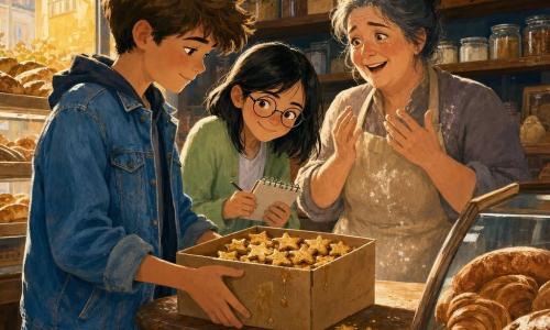 Malo, 12 ans, cheveux châtains en mèche rebelle, veste en jean et jeans usés, pose doucement sur le comptoir une boîte en carton pleine de petits biscuits étoilés couverts de miel; Inès, 11 ans, cheveux noirs coupés droits, lunettes rondes et gilet vert clair, tient un carnet et se penche pour examiner la boîte; Madame Lenoir, boulangère d’environ 45 ans au visage chaleureux et cheveux grisonnants en chignon, vêtue d’un tablier poudré de farine, se tient derrière le comptoir les yeux humides de joie; petite boulangerie de quartier aux étagères garnies, vitrine éclairée de lumière dorée, comptoir en bois patiné, carrelage simple; scène de restitution et de surprise collective, miel collant sur le carton, miettes d’étoiles et petites guirlandes en arrière-plan.