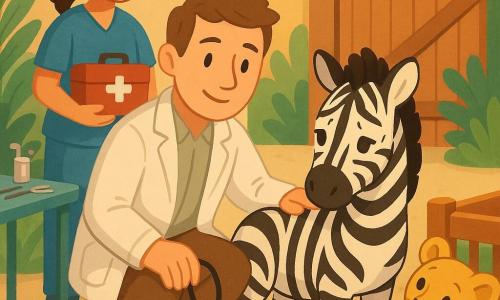 Hugo, vétérinaire souriant à la peau claire et cheveux châtains courts, accroupi en veste blanche légèrement froissée, examine doucement Zoé la zébrelle aux rayures noires et blanches en posant la main sur son flanc et tenant un petit stéthoscope argenté; Mélodie, assistante vétérinaire d'environ 25–30 ans aux cheveux attachés en queue de cheval et blouse bleue, se tient derrière lui avec une boîte à médicaments fermée, une petite compresse blanche est posée à côté; Léo le lionceau au pelage doré et yeux curieux est assis à droite près d’un enclos en inclinant la tête; décor : coin de zoo lumineux au sol de terre claire avec quelques plantes vertes, une table métallique d’instruments colorés, une grande porte d’enclos en bois peint et une pancarte en relief « Infirmerie »; ambiance calme et rassurante, lumière douce du matin, couleurs chaudes, style vectoriel simple aux volumes arrondis et contours propres.