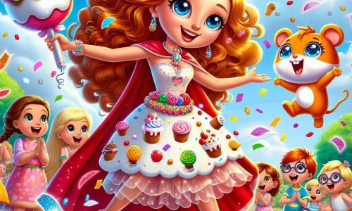 Super Soline, une jeune femme souriante aux cheveux longs et bouclés châtains, porte une cape rouge et un costume coloré avec des motifs de glaces. Elle jongle joyeusement avec des confettis brillants, rayonnante de bonheur. À ses côtés, Biscuit, un petit hamster orange vif, saute entouré de confettis multicolores. En arrière-plan, un groupe d'enfants émerveillés, dont une petite fille aux cheveux blonds tressés applaudissant et un garçon aux lunettes riant avec un ballon, les observe. La scène se déroule dans un parc ensoleillé de Rigoloville, avec des arbres, des fleurs et un ciel bleu. Super Soline et Biscuit divertissent les enfants en faisant pleuvoir des confettis, transformant un moment ordinaire en fête joyeuse.