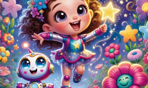 Lila, une petite fille de 6 ans, se tient au centre de l'image, avec de grands yeux ronds et des cheveux bouclés. Elle porte une combinaison spatiale colorée, ornée d'étoiles, et danse dans un jardin magique, rayonnant de joie. À ses côtés, Zappy, un petit robot rond avec des yeux lumineux et un sourire amical, flotte en tenant une étoile brillante. Le jardin est fantastique, rempli de fleurs multicolores chantantes et d'arbres torsadés, sous un ciel étoilé. Lila et Zappy célèbrent la découverte d'une étoile magique, entourés de fleurs applaudissant, tandis qu'une douce mélodie flotte dans l'air.