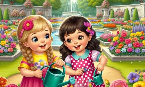 Deux filles, Lila et Zoé, âgées de cinq ans, se tiennent au centre de l'image. Lila a de longs cheveux bruns et porte une robe rose à pois, tandis que Zoé a des cheveux blonds en tresse et un t-shirt jaune avec un dessin de fleur. Elles arrosent des fleurs colorées avec de petits arrosoirs dans un jardin rempli de roses, tulipes et marguerites. En arrière-plan, une fontaine en pierre est entourée d'arbres verts sous un ciel bleu clair avec quelques nuages. L'image montre Lila et Zoé prenant soin des fleurs tout en réalisant l'importance de protéger leur environnement. Elle illustre la nécessité de préserver la nature et de prendre soin de notre planète.