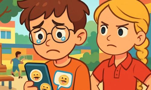 Max, un garçon de 12 ans aux cheveux bruns en bataille et lunettes rondes, se tient au centre, affichant une profonde tristesse en regardant son téléphone où des messages moqueurs apparaissent. À sa droite, sa meilleure amie Sarah, également âgée de 12 ans et aux cheveux blonds tressés, l'observe avec soutien, les mains sur les hanches. La scène se déroule dans la cour d'un collège coloré, avec des élèves jouant au loin, mais l'atmosphère est tendue autour d'eux. Max est accablé par le harcèlement en ligne, tandis que Sarah lui propose de l'aider à soutenir Lucas, un camarade de classe victime de moqueries.