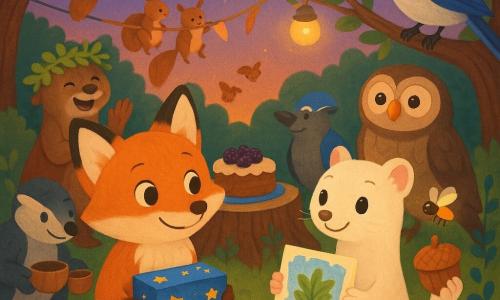 Milo, un petit renard roux au pelage soyeux, sourit timidement en tenant une boîte de jeu bleue tandis que Neige, une hermine crème, lui tend un dessin et envoie un petit « merci » via une luciole posée sur une noisette-appareil ; Lila la loutre, couronnée de joncs, rit en arrière-plan près d’un gâteau aux mûres pendant que d’autres animaux (écureuils accrochant des guirlandes, blaireau, geai, chouette) observent dans une clairière boisée au crépuscule décorée de lanternes de lucioles, myrtilliers et guirlandes, scène tendre et chaleureuse évoquée en style illustration vectorielle aux couleurs vives et pastel, traits doux et ambiance inclusive.