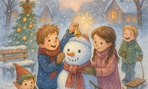 Lucas, 8 ans, souriant, accroche une petite clochette dorée au chapeau d’un bonhomme de neige tandis qu’Emma, 8 ans, ajuste son écharpe et Tom, 9 ans, rit en tenant un traîneau en bois ; le lutin Léo observe malicieusement derrière un sapin dans un parc de village enneigé au crépuscule, éclairé par un lampadaire et un sapin illuminés, la clochette étincelle et tinte en notes dorées, flocons en suspension, ambiance chaleureuse et joyeuse, rendu aquarelle avec rehauts au stylo gel blanc.