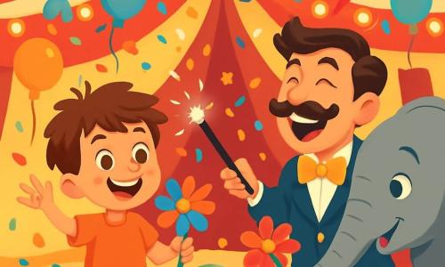 Un garçon de 8 ans, Paul, avec des cheveux ébouriffés et un grand sourire, se tient au centre de la scène, tenant une fleur colorée. À côté de lui, M. Léon, un homme d'une quarantaine d'années avec une moustache et un costume brillant, rit en lui tendant une baguette magique, tandis qu'un éléphant nommé Jumbo lui offre une fleur avec sa trompe. Le chapiteau du cirque, décoré de guirlandes lumineuses et de confettis, crée une atmosphère festive. Paul prononce des mots magiques, entouré de confettis et de ballons en forme d'animaux, capturant l'esprit joyeux du cirque.