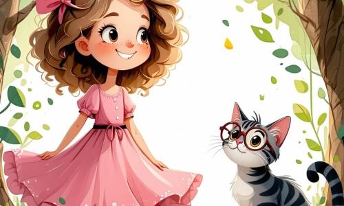Zoé, une petite fille de 5 ans aux cheveux bouclés dorés, porte une robe rose et sourit avec émerveillement en écoutant les arbres qui chuchotent. À ses côtés, Léonard, un chat de 3 ans avec des lunettes rondes et une écharpe colorée, est assis sur une racine d'arbre, affichant un air sage. La scène se déroule dans une clairière enchantée, avec des arbres majestueux et des rayons de soleil créant des motifs lumineux sur le sol fleuri. Zoé écoute les histoires des arbres tandis que Léonard lui explique la sagesse de la nature dans une atmosphère magique.