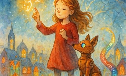 Liora, une fillette de 8 ans, est au sommet d'une tour de verre. Ses cheveux captent la lumière des vitraux tandis qu'elle trace des symboles lumineux dans l'air. À ses côtés, Piko, un renard mécanique en cuivre, observe avec des yeux clignotants aux couleurs de l'arc-en-ciel. En arrière-plan, la voûte scintillante de la cité de Verre-Étoile brille sous un ciel étoilé, avec des fissures lumineuses se refermant lentement. Les maisons de vitraux colorés reflètent des teintes chatoyantes, et les habitants de la cité, en bas, regardent avec admiration, leurs visages illuminés par les lumières dansantes.