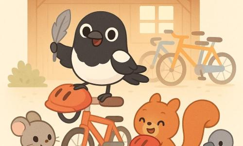 Plume, une petite pie noire et blanche au plumage brillant, porte une plume grise dans une aile et pose une patte sur un casque de vélo rouge sur un guidon; Noisette, un écureuil roux souriant, serre le casque; Suzette, une petite souris grise, applaudit près d’un buisson; Patapon, un pigeon gris au bec bleu, tient une mini sonnette réparée; ambiance conviviale et joyeuse après la résolution d’un mystère, abri à vélos en bois chaleureux avec bicyclettes empilées, sol poussiéreux, lumière dorée filtrant par une fenêtre, couleurs pastel, traits simples et expressions rassurantes, composition centrée sur Plume et le casque.