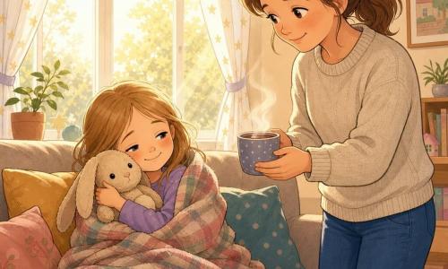 Fille de 6 ans au visage rond et joues roses, yeux mi-clos et sourire timide, blottie sur un canapé sous une couverture à carreaux en tenant un doudou lapin beige aux longues oreilles; la mère d’environ 32 ans, cheveux châtain en queue de cheval, l’air tendre, lui tend une tasse de chocolat chaud fumant dans un salon baigné de lumière matinale filtrée par des rideaux à motifs d’étoiles, murs crème et coussins colorés — la fillette est malade mais apaisée, réconfortée par son lapin et la présence maternelle.
