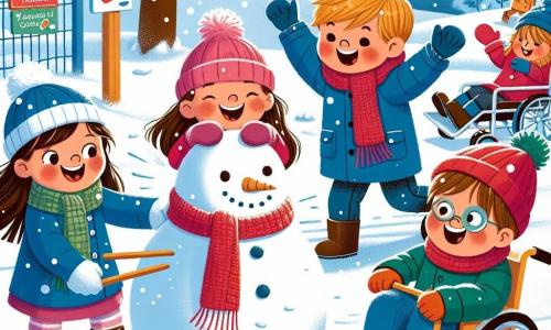 Dans une cour d'école enneigée, quatre amis s'amusent ensemble. Mia, 8 ans, roule une boule de neige pour un bonhomme de neige, vêtue d'un manteau rose et d'un bonnet à pompon. Lucas, 9 ans, rit en glissant sur une pente, portant une veste bleue et une écharpe verte. Emma, 7 ans, avec un bonnet rouge et un manteau jaune, s'apprête à mettre une écharpe sur le bonhomme de neige. Samuel, 8 ans, dans un fauteuil roulant, sourit avec une petite luge, vêtu d'un manteau bleu clair. La cour est recouverte de neige scintillante, avec des arbres chargés de flocons et un ciel bleu éclatant. Les enfants construisent un bonhomme de neige géant, riant et s'encourageant, tandis que Samuel glisse sur sa luge, profitant de l'hiver.