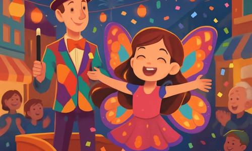 Une fille de 12 ans, Emma, avec de longs cheveux bruns et des yeux pétillants, porte un costume de papillon coloré et danse avec un sourire éclatant, entourée de confettis. À ses côtés, M. Mystère, un homme de 40 ans en costume bariolé, sourit en tenant une baguette magique, observant Emma avec fierté. Le décor est une rue animée de carnaval, remplie de lanternes, de stands de friandises et de spectateurs émerveillés, tandis que des feux d'artifice illuminent le ciel. Emma danse sur un char décoré au cœur d'un défilé, rayonnante de bonheur, tandis que la foule applaudit, créant une ambiance de joie collective.