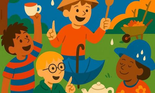Trois garçons jouent autour d'une table de thé improvisée dans un jardin familial au crépuscule : à gauche un garçon aux cheveux bruns en bataille tenant une tasse ébréchée levée vers le ciel, à droite un garçon blond aux lunettes faisant semblant de trinquer avec une goutte de pluie, et au centre derrière la théière un garçon châtain avec une casquette en carton brandissant une cuillère comme baguette, tandis que Madame Bouboule, une voisine âgée au chapeau bleu, est assise à l'angle droit avec une petite nuée de gouttelettes scintillantes au-dessus de son chapeau; une fine pluie joyeuse tombe en gouttes rondes, le parapluie inversé sert de bol sur la table, l'ambiance est fantaisiste et humoristique dans des couleurs saturées et textures simplifiées.