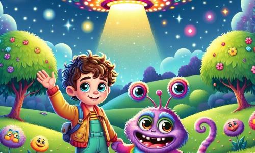 Dans un champ verdoyant sous un ciel étoilé, Max, un garçon de 10 ans aux cheveux bouclés, se tient devant une soucoupe spatiale brillante aux couleurs arc-en-ciel. À ses côtés, Zok, une créature extraterrestre de la planète Glimor, a un corps violet et des antennes serpentines. Max lève la main avec un sourire, tandis que Zok lui fait un signe amical. En arrière-plan, la soucoupe scintille sous la lumière des étoiles, entourée de fleurs chantantes et d'arbres colorés, créant une atmosphère magique. Max et Zok se préparent à explorer les merveilles de la planète Glimor, avec des Flufflins dansant autour d'eux, ajoutant de la joie à cette scène d'aventure intergalactique.