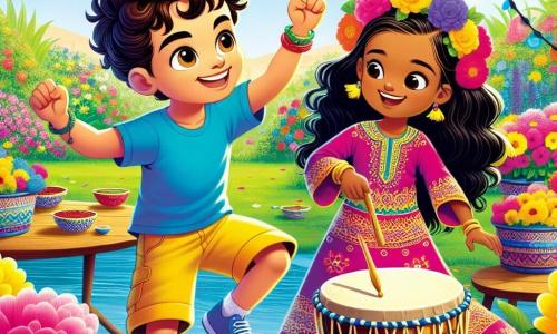 Léo, un garçon de 8 ans aux cheveux bruns et bouclés, danse joyeusement dans son jardin rempli de fleurs colorées. Il porte un t-shirt bleu et un short jaune, exprimant une joie contagieuse. À ses côtés, Amina, une fille de 7 ans avec de longs cheveux noirs, joue du tambour en portant une robe traditionnelle marocaine. Le jardin est éclatant avec des fleurs roses, jaunes et violettes, et une grande table en bois est dressée avec des plats variés. Ils célèbrent leur amitié à travers la danse et la musique, symbolisant l'union de leurs cultures.