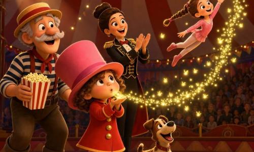 Une fillette de 4 ans, émerveillée, souffle dans une lanterne imaginaire d’où s’envolent de petites lucioles jaunes ; elle porte un chapeau rose trop grand masquant ses yeux, de courtes boucles brunes, un manteau rouge et des bottes bleues. À sa gauche, Monsieur Popcorn, un homme d’environ 60 ans à la moustache grise et blouse rayée, tient un sac de pop‑corn et sourit en regardant la lumière. Derrière elle, la chef de piste, femme d’environ 35 ans en chignon et costume noir orné de galons dorés, applaudit; une acrobate d’environ 10 ans aux tresses, en justaucorps pailleté rose, s’élance vers un trapèze guidée par la file de lucioles. Un petit chien brun tacheté aboie joyeusement à leurs pieds. Le spectacle se déroule sous un chapiteau à larges rayures rouges et blanches, plancher en bois, cordages, éclairage chaud et guirlandes scintillantes ; les chaises en demi‑cercle sont occupées par des silhouettes floues. L’ambiance est féerique, aux couleurs vives et contrastes nets, avec des expressions lisibles pour les tout‑petits.