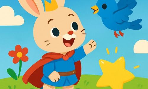Un prince courageux, Petit Louis, un jeune lapin aux grandes oreilles et au pelage doux, se tient sur un coussin de feuilles, les yeux brillants d'émerveillement. Il sourit en tendant une patte vers une étoile scintillante qui roule près de lui. À ses côtés, un oiseau bleu vif vole joyeusement, chantant une douce mélodie et l'encourageant avec un regard amical. Le décor est un champ verdoyant parsemé de fleurs colorées sous un ciel bleu avec des nuages cotonneux. Petit Louis tente d’attraper l’étoile brillante, entouré de ses amis émerveillés par la magie du moment.