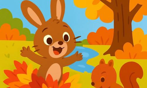 Un petit lapin nommé Léo, aux grandes oreilles et à la fourrure brune, saute joyeusement dans un tas de feuilles d'automne colorées. Son visage exprime émerveillement et joie. À côté, un écureuil roux ramasse des noix avec concentration, près d'un grand chêne. En arrière-plan, un ruisseau scintille sous le soleil, entouré de buissons colorés, sous un ciel bleu clair. Léo et l'écureuil se préparent pour l'automne, célébrant la beauté de cette saison magique.