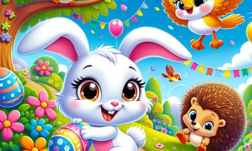 Lila, une petite lapine au pelage blanc et aux grandes oreilles roses, saute de joie dans un jardin coloré, tenant un œuf de Pâques peint en bleu. À côté, Coco le canari, avec son plumage jaune, vole autour d'un grand chêne, cherchant des œufs à cacher. Max le hérisson, malicieux, se cache derrière un buisson avec un œuf coloré. Le jardin est rempli de fleurs éclatantes et de papillons, créant une atmosphère festive. Lila et ses amis se préparent pour la chasse aux œufs de Pâques, excités et prêts à s'amuser.