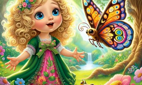 Une petite fille de 4 ans, prénommée Lila, aux cheveux bouclés et dorés, se tient dans un jardin enchanté. Elle porte une robe colorée ornée de fleurs et sourit, les bras ouverts, accueillant la magie de son environnement. À ses côtés, le Papillon Philosophe, un papillon aux ailes multicolores, vole autour d'elle et se pose sur une fleur, l'observant amicalement. Le jardin est féerique, rempli de fleurs éclatantes, de grands arbres et d'un étang où des grenouilles sautent. Lila écoute attentivement les sages paroles du papillon, symbolisant la quête de connaissance et d'émerveillement.