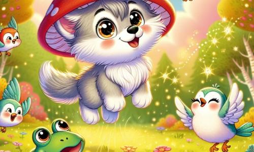 Un petit loup nommé Loulou, avec un pelage gris clair et un chapeau rouge à pois blancs, danse joyeusement dans les airs, entouré d'étincelles. À ses côtés, un rouge-gorge malicieux bat des ailes en riant, tandis qu'une grenouille verte applaudit émerveillée depuis une feuille. La scène se déroule dans une clairière enchantée, baignée de lumière dorée, avec des fleurs colorées et des arbres scintillants. Loulou s'amuse à danser avec ses amis oiseaux, créant une atmosphère joyeuse et ludique.