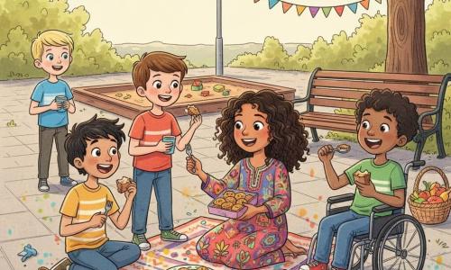 Cinq enfants d'environ 7 ans : Tom, garçon à peau claire et cheveux bruns courts, sourit à gauche en tendant une petite fourchette vers une assiette partagée ; Lucas, garçon au teint hâlé et cheveux noirs en bataille, goûte un pain d'épices avec étonnement joyeux à côté de Tom ; Alex, garçon à peau claire et cheveux blonds, un peu en retrait, tient une boisson et observe curieusement ; Malik, garçon à peau foncée et cheveux bouclés, est assis en fauteuil roulant à droite et rit en mangeant un gâteau offert par Amina ; Amina, fille à peau olive et cheveux bouclés dans une robe colorée, est au centre et tend une boîte de spécialités de son pays en offrant des bouchées. Scène : cour d'école en plein jour avec sol pavé, bac à sable et bancs en bois, guirlandes multicolores et ombre d'un grand arbre, nappes à motifs sur des paniers de pique-nique ; ambiance conviviale de fête en plein air où les enfants échangent et goûtent des plats, rires, assiettes et boîtes ouvertes, gestes amicaux et couleurs chaudes, composition centrée sur Amina et les autres se penchant vers elle en signe d'acceptation.